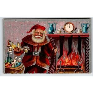 Santa Claus Christmas Postcard Toy Car Horse Stockings Fireplace Clock Vases AMP